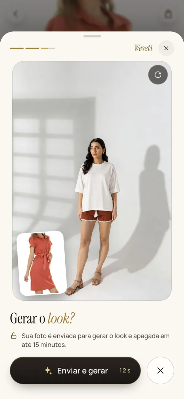 A foto de corpo inteiro da cliente e o aviso de quanto tempo ela fica guardada.
