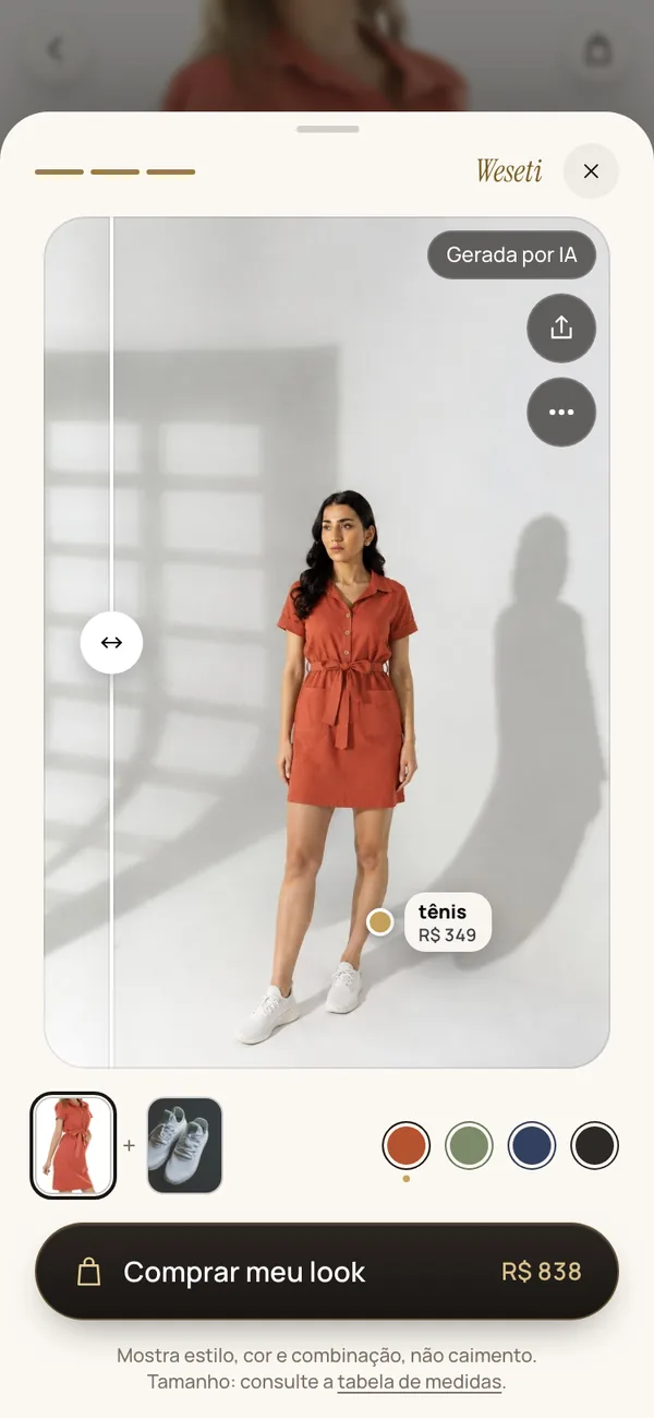A mesma pessoa vestindo o vestido e o tênis escolhidos, com o aviso “Gerada por IA”.